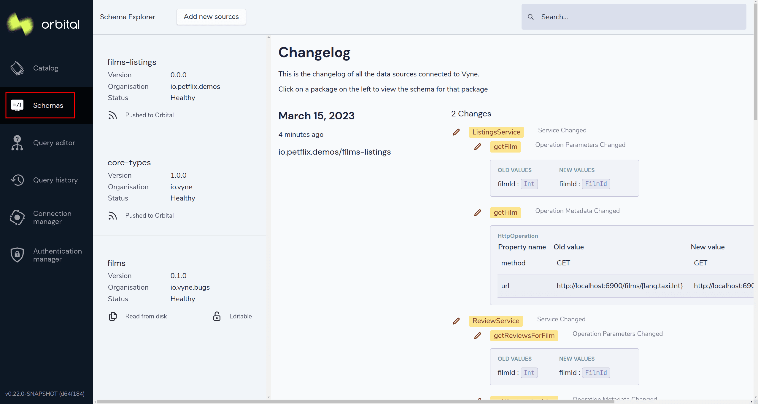 Orbital's changelog shows changes to APIs as they're published