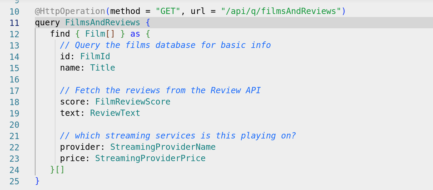 A TaxiQL query in the Orbital editor, describing the shape of the response rather than the calls needed to build it.